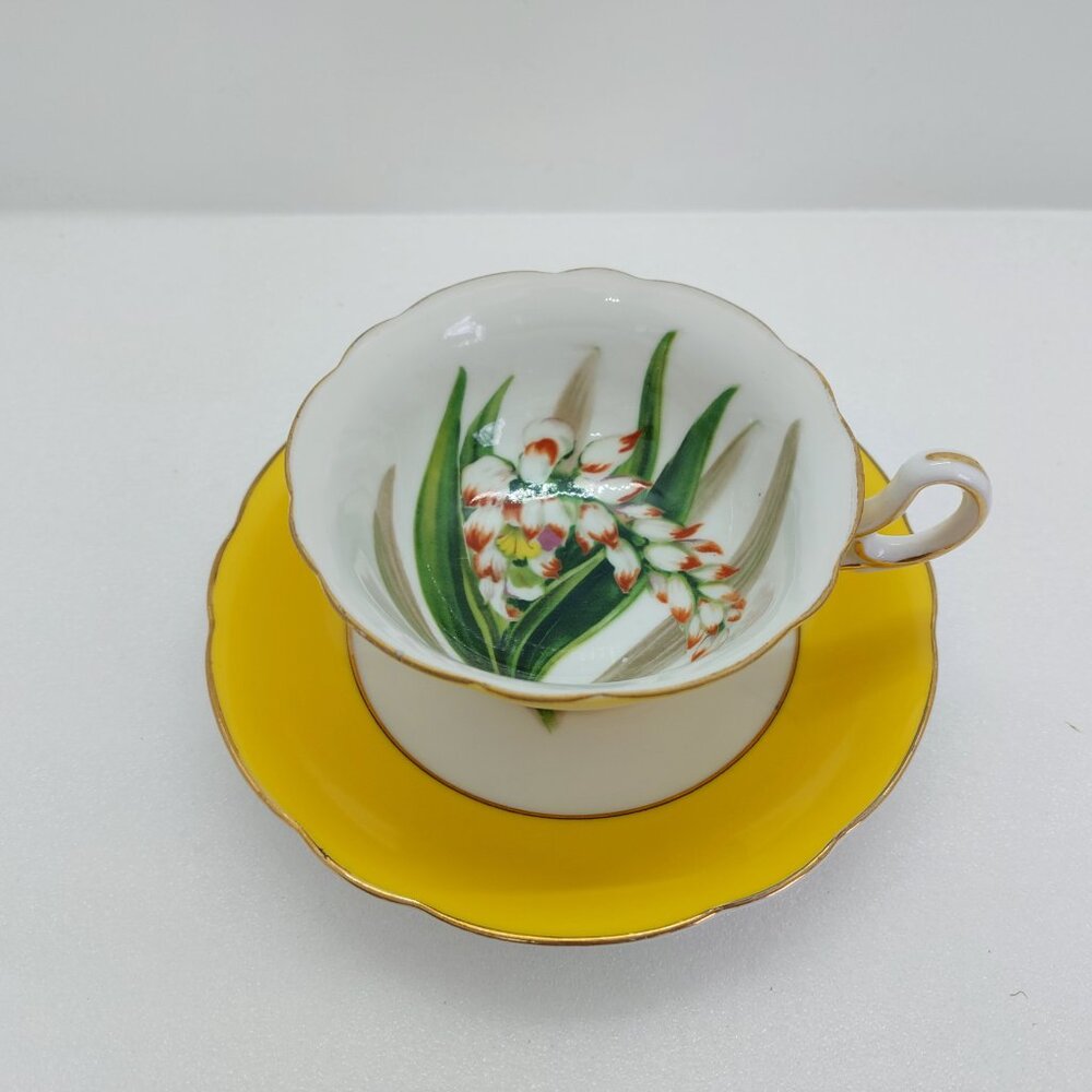 Vintage Tea Cup And Saucer Occupied Japan Yellow With Hand Painted Floral